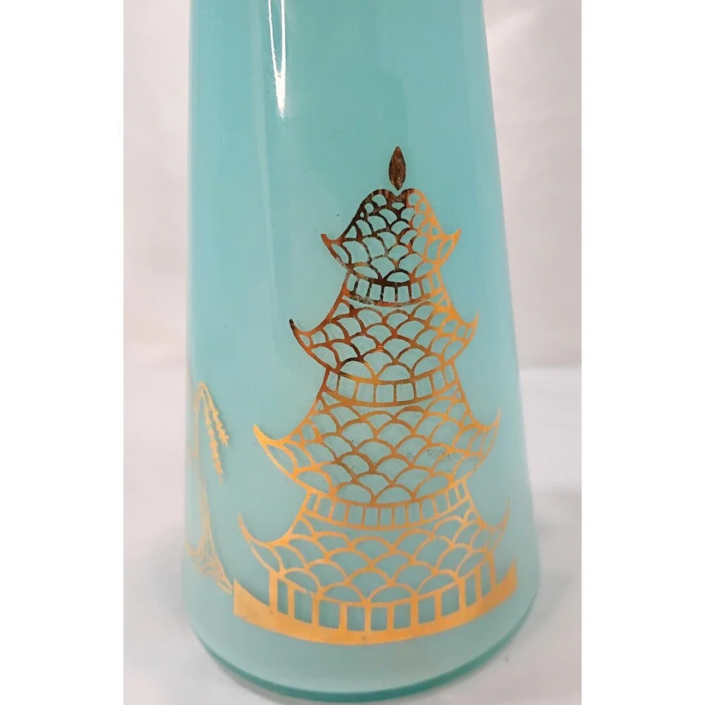 Vintage Asian Aqua Blue Vase with Gold Paint by Bartlett Collins